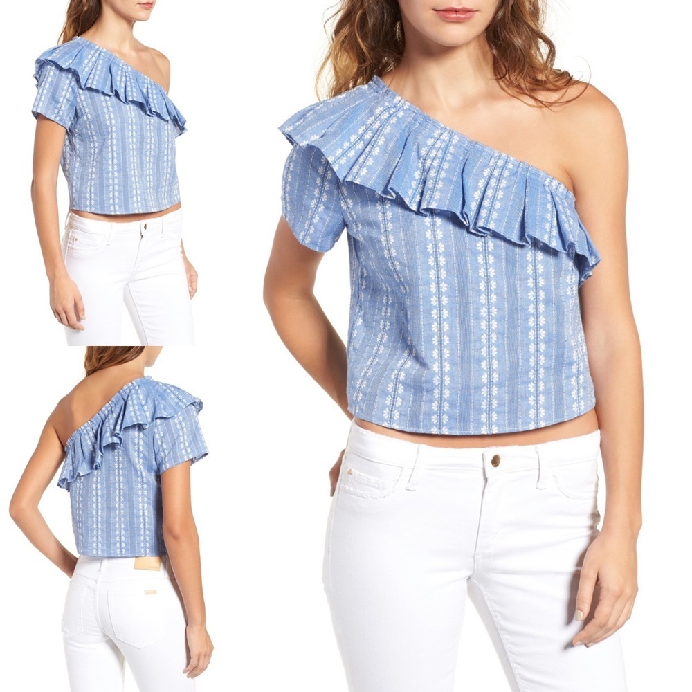 Splendid Cotton One-Shoulder Chambray Crop Top